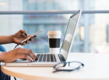 Free laptop on table top stock photo